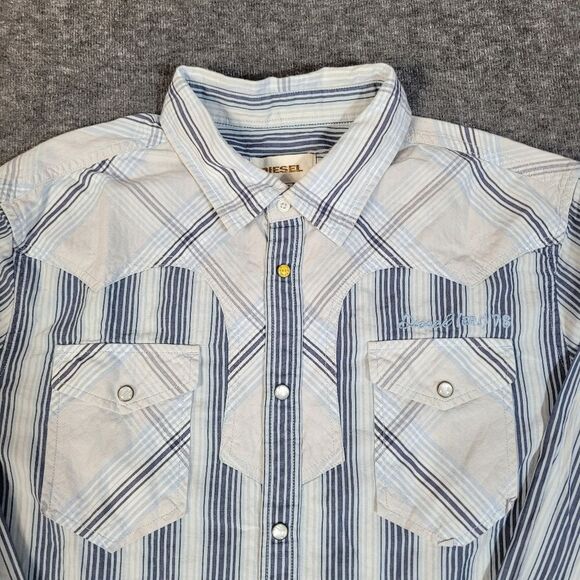 Diesel Western Mens Button Up Snap Shirt Size M Blue White Plaid Long SLeeve - Picture 5 of 11